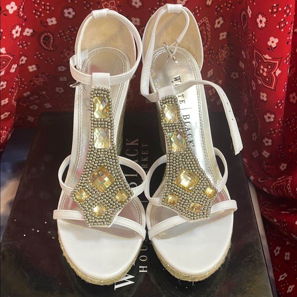 White House Black Market  Embellished T-Strap Wedge Sandals new in box